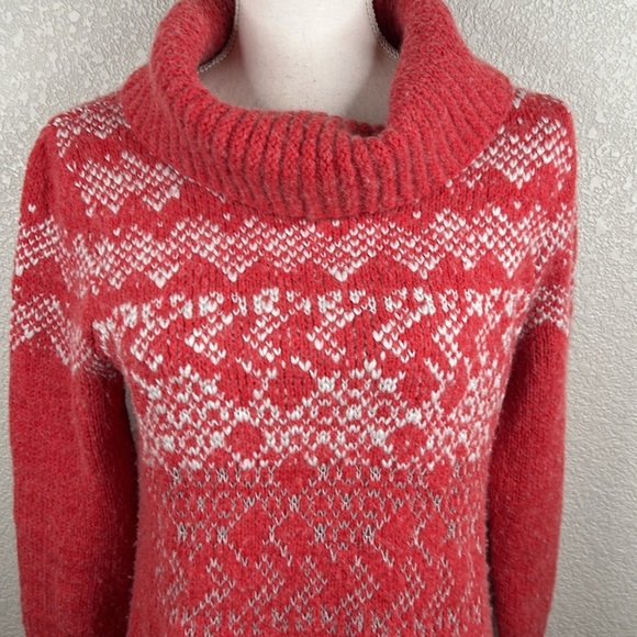 Free People Fair Isle Nordic Red & Cream Wool Blend Turtleneck Sweater Large - Picture 2 of 7